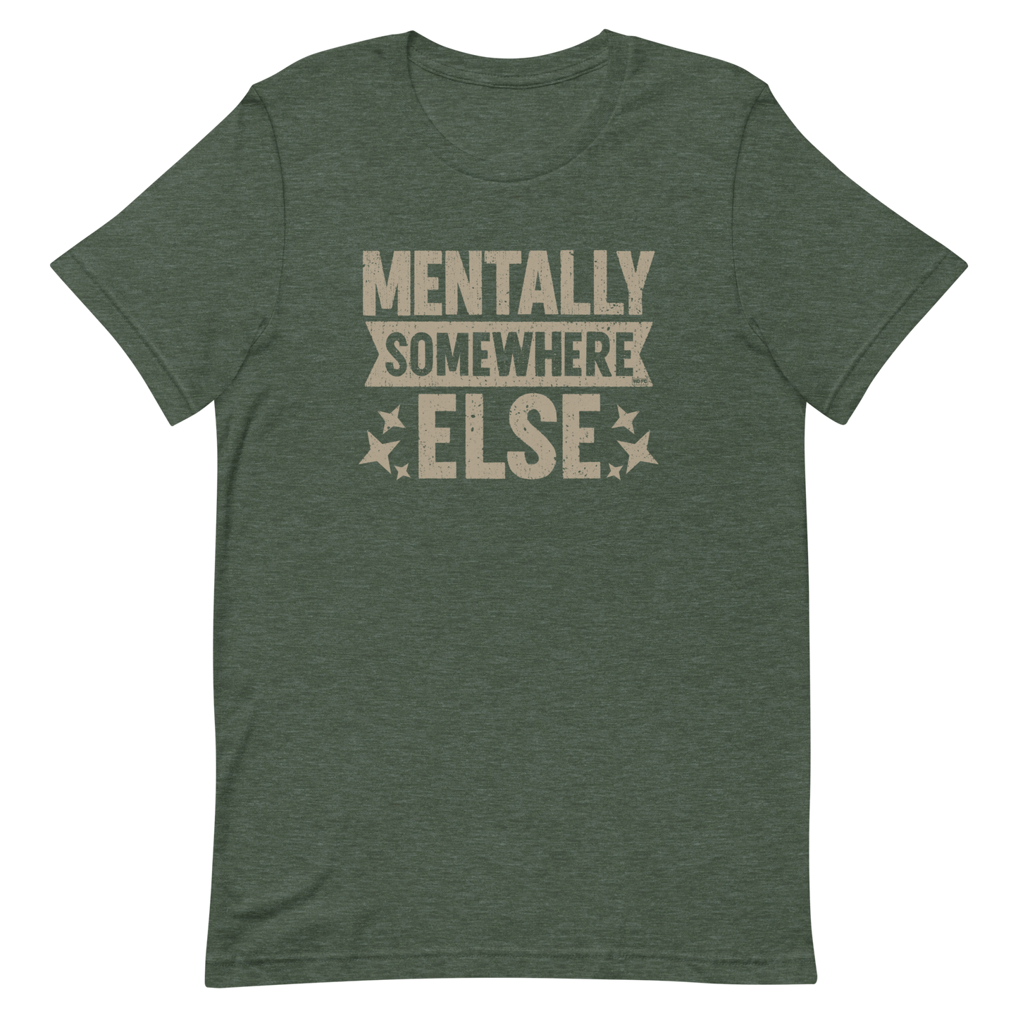 Distressed vintage-style text graphic displaying the phrase “Mentally Somewhere Else,” decorated with scattered star icons and a bold, textured font.