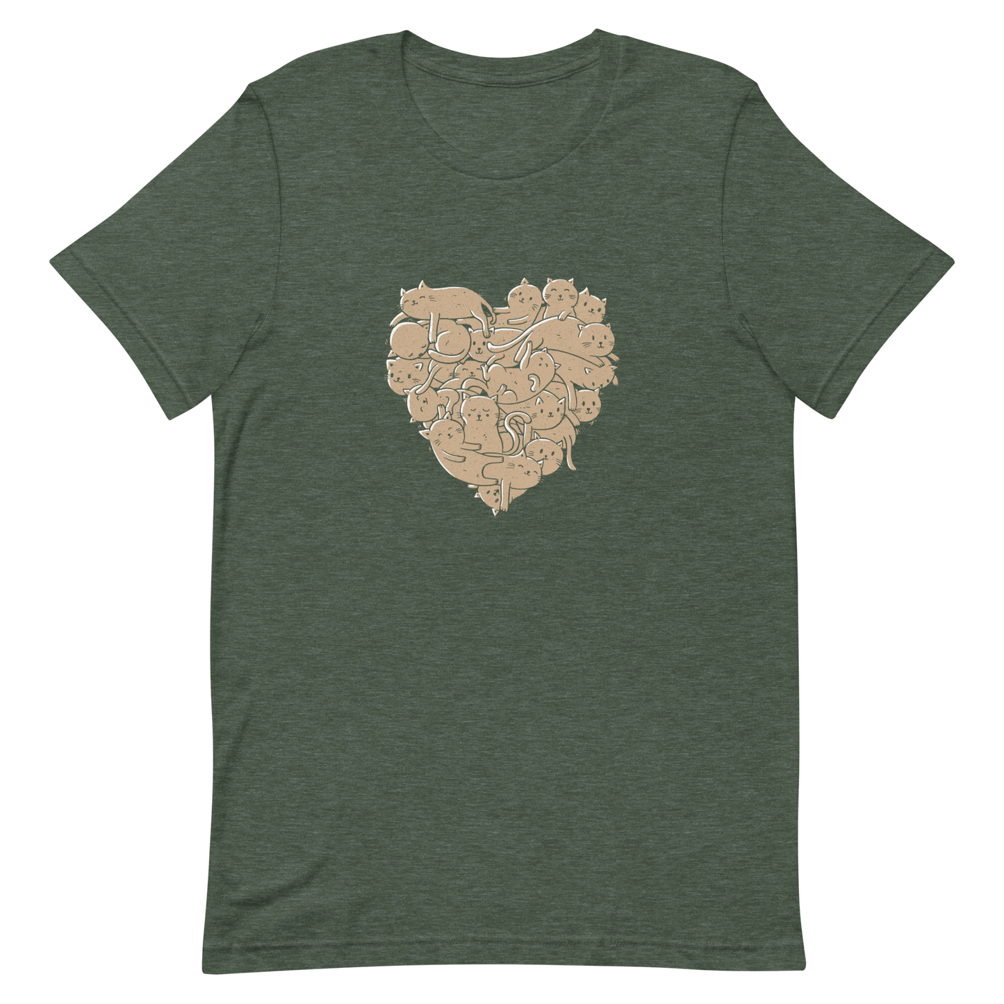 The image showcases an anatomical heart shape filled with numerous small, simple, and cute cartoon-like cat illustrations in a light brown tone. The overall style is whimsical and playful, combining elements of illustration and pop culture art.