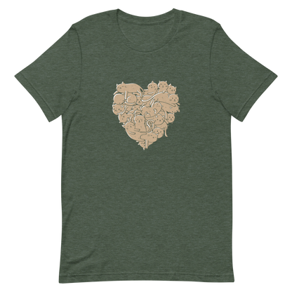 The image showcases an anatomical heart shape filled with numerous small, simple, and cute cartoon-like cat illustrations in a light brown tone. The overall style is whimsical and playful, combining elements of illustration and pop culture art.