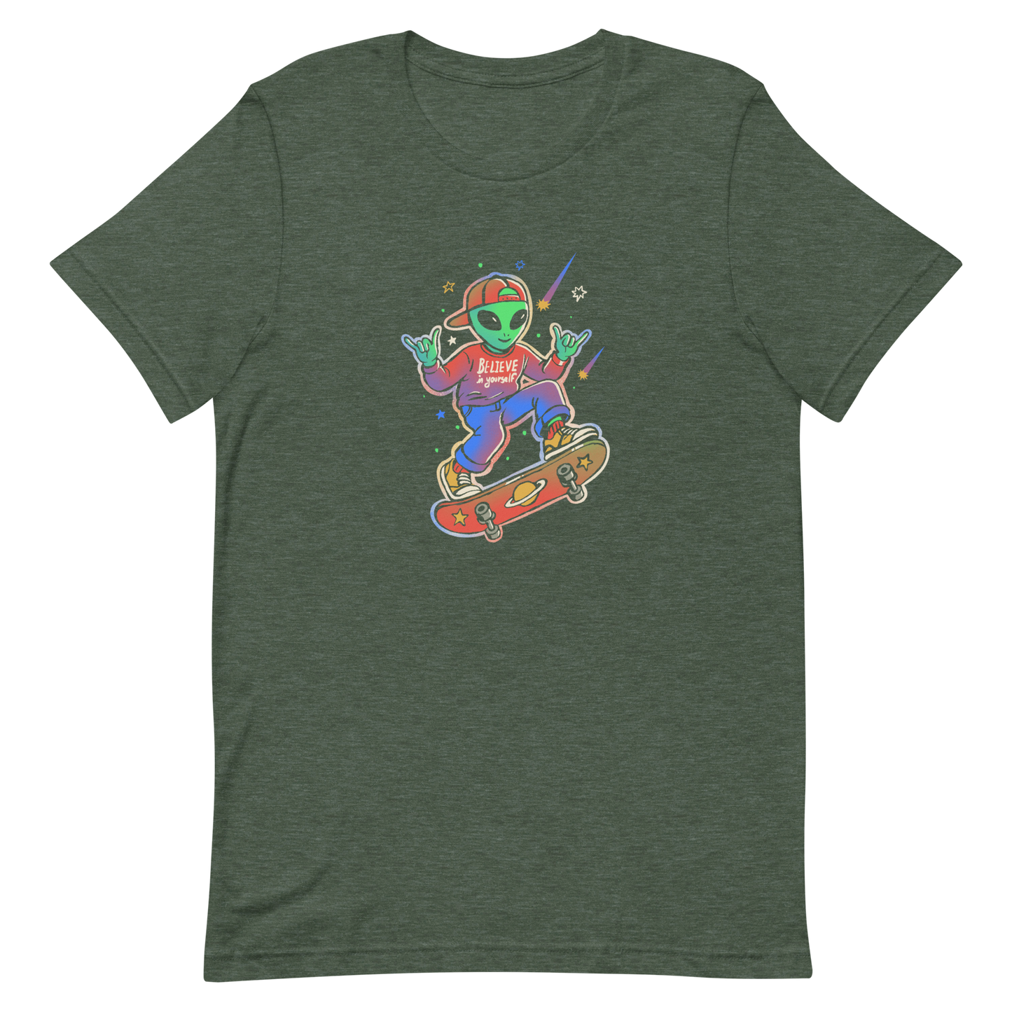 A stylish alien rides a cosmic skateboard, wearing a sweatshirt that says "Believe in Yourself". The artwork blends humor, urban culture, and a space-themed feel with vibrant colors. Ideal for alien fans, skateboard lovers, and anyone who enjoys creative prints with a positive message.