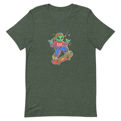 A stylish alien rides a cosmic skateboard, wearing a sweatshirt that says "Believe in Yourself". The artwork blends humor, urban culture, and a space-themed feel with vibrant colors. Ideal for alien fans, skateboard lovers, and anyone who enjoys creative prints with a positive message.