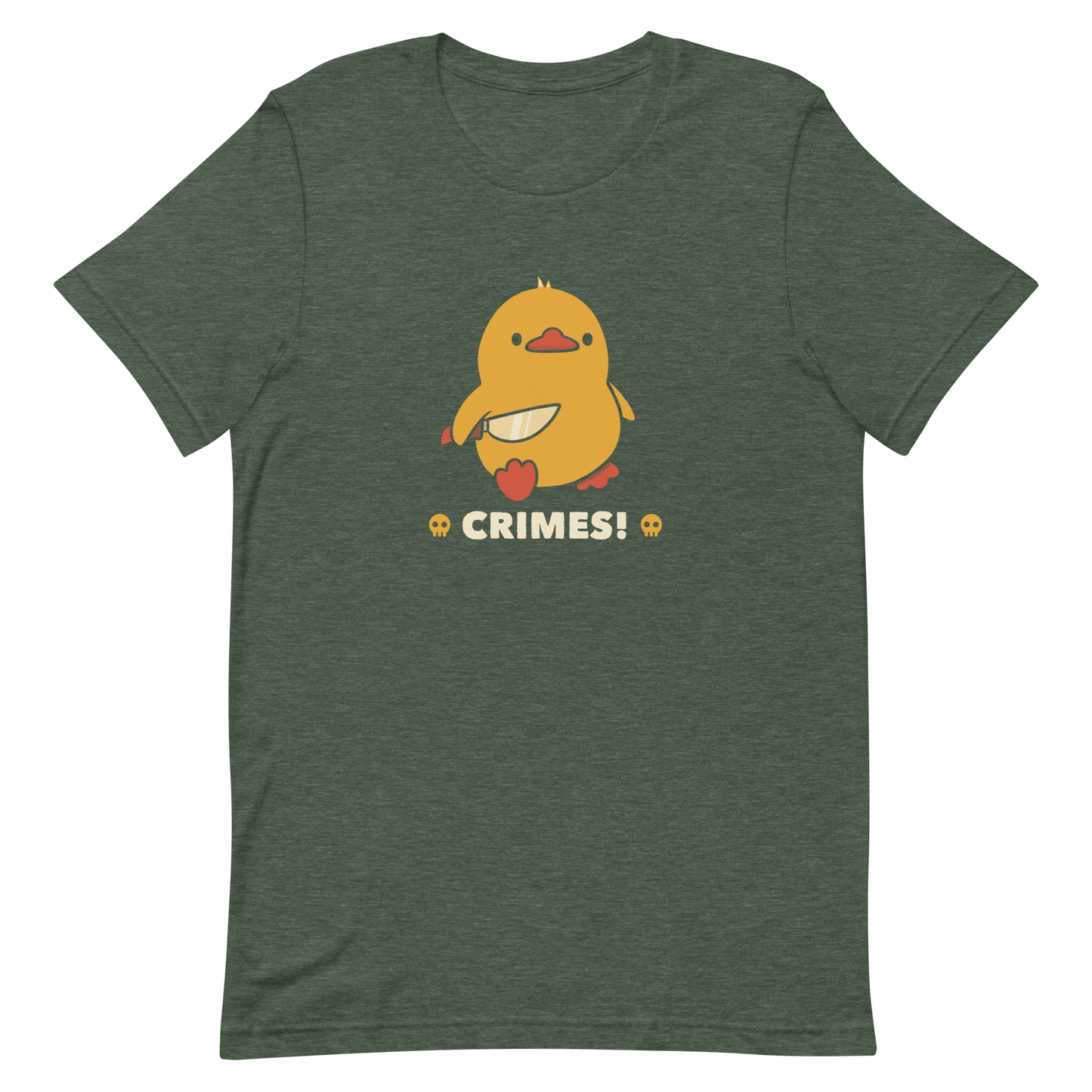 A cute yellow duck holding a small knife, with the text "Crimes" below it. This artwork blends humor with the ducks' temperament.