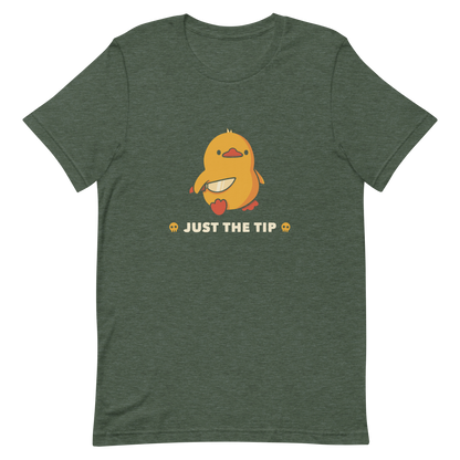 A duckling holds a shiny knife with a blank stare and above the phrase “Just the Tip”. This design mixes dark humor and cuteness in the most unexpected way. Perfect for those who love ducks, sarcastic jokes and edgy humor.