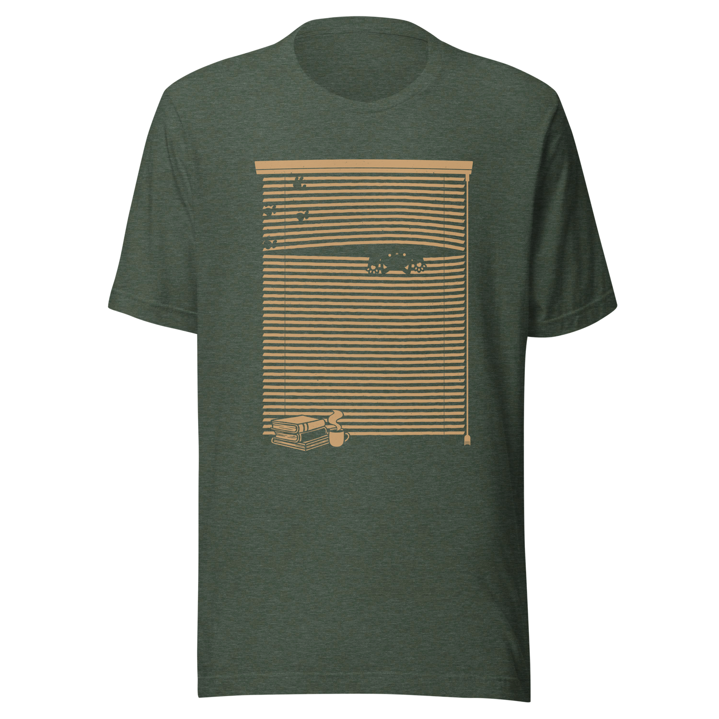 A Venetian blind with a stack of books in front of it and a small black cat peeking through a gap as if spying on the outside world. A charming and playful piece of art, perfect for cat owners, book lovers, and anyone who enjoys cozy, whimsical illustrations.