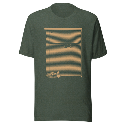 A Venetian blind with a stack of books in front of it and a small black cat peeking through a gap as if spying on the outside world. A charming and playful piece of art, perfect for cat owners, book lovers, and anyone who enjoys cozy, whimsical illustrations.