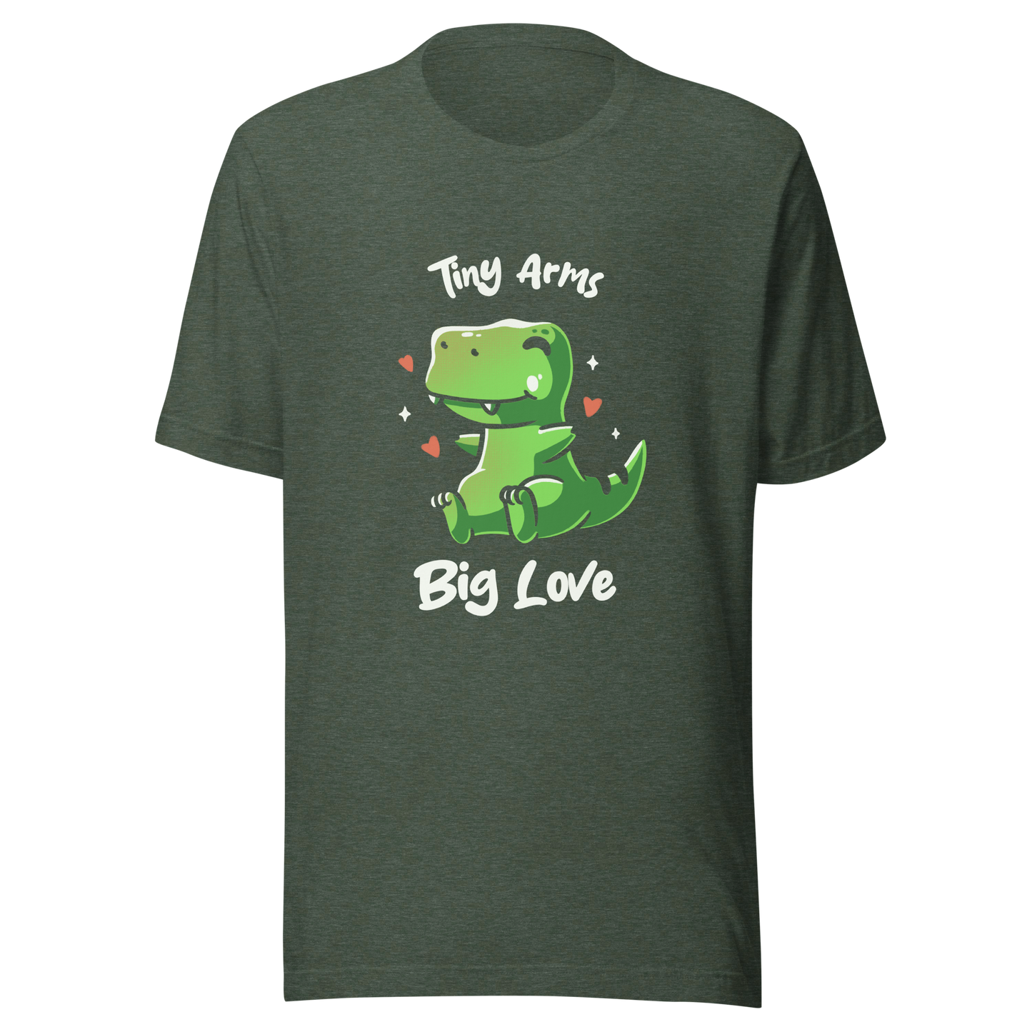 An adorable T-Rex appears in the center, with its short arms and cute smile. This design plays with the contrast between the dinosaur's ferocity and the phrase "Tiny arms, big love," delivering humor and affection. Perfect for those who love geeky, fun, and personality-filled prints, especially dinosaur fans and those with a soft heart.