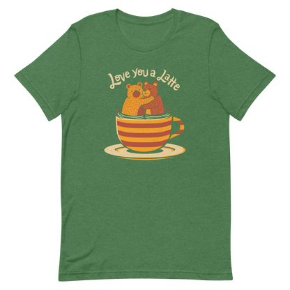 A cute Valentine’s Day illustration featuring two teddy bears hugging inside a cup of black coffee, paired with the phrase “I Love You a Latte”. A sweet and cosy design for coffee lovers, bear fans, and anyone who enjoys playful, romantic humour.

