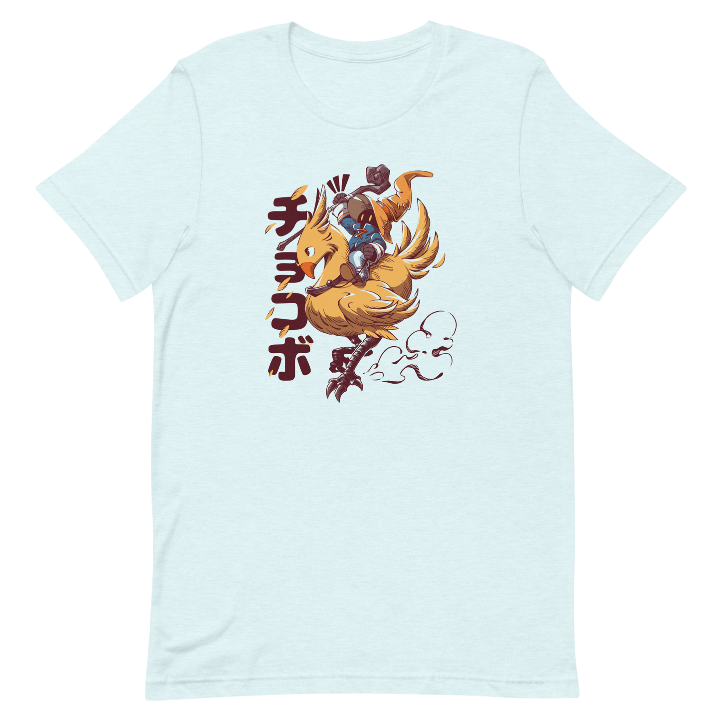 A speedy yellow bird dashes forward with a tiny mage rider gripping tight and ready for action. A fun and nostalgic design full of movement and fantasy charm.