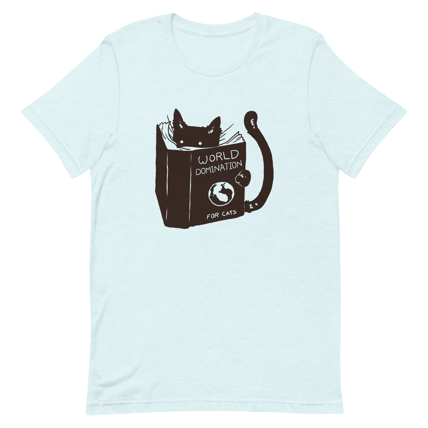 The design features a black silhouette of a cat peeking from behind an oversized book. The book's cover reads 'World Domination for Cats,' and includes a simple drawing of a globe. The cat's eyes are wide open, suggesting either surprise or intense focus on its 'world domination' plans.