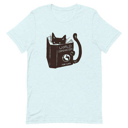 The design features a black silhouette of a cat peeking from behind an oversized book. The book's cover reads 'World Domination for Cats,' and includes a simple drawing of a globe. The cat's eyes are wide open, suggesting either surprise or intense focus on its 'world domination' plans.