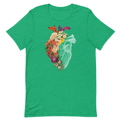 The design is an intricate and anatomical drawing of a human heart on a black background. The left side of the heart morphs into a vibrant assortment of colorful flowers, including roses, daisies, and other blooming blossoms, creating a striking contrast between the realistic and the surreal, symbolizing the harmony between nature and humanity.