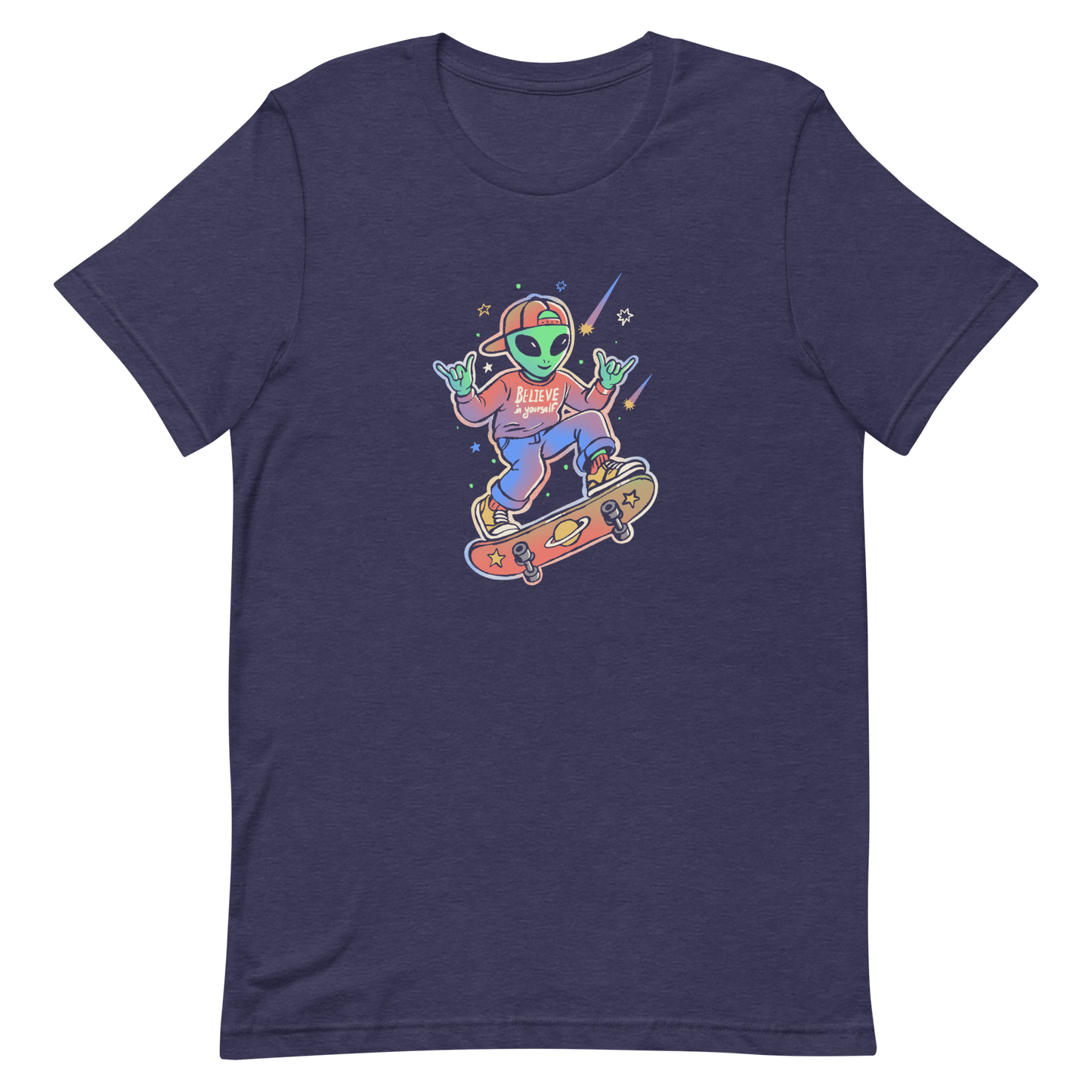 A stylish alien rides a cosmic skateboard, wearing a sweatshirt that says "Believe in Yourself". The artwork blends humor, urban culture, and a space-themed feel with vibrant colors. Ideal for alien fans, skateboard lovers, and anyone who enjoys creative prints with a positive message.