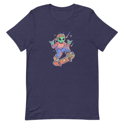 A stylish alien rides a cosmic skateboard, wearing a sweatshirt that says "Believe in Yourself". The artwork blends humor, urban culture, and a space-themed feel with vibrant colors. Ideal for alien fans, skateboard lovers, and anyone who enjoys creative prints with a positive message.