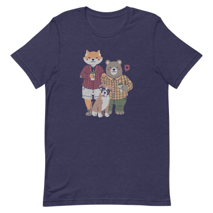 A beautiful family made up of a little red fox, a gray bear wearing plaid shirts and having a coffee with their boxer dog. An art that shows that families can be different what matters is love.