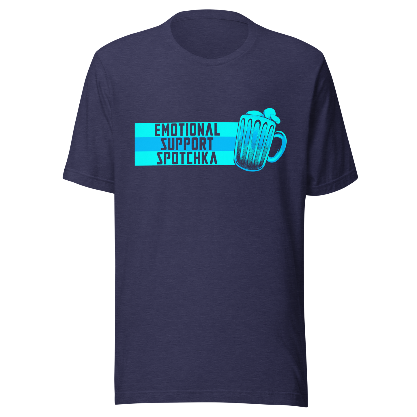 The design features a stylized mug filled with a frothy beverage, colored in vibrant shades of blue. Next to the mug, bold text reads 'EMOTIONAL SUPPORT SPOTCHKA'. The use of color and font style gives it a playful, pop-culture vibe, hinting at something fantastical or sci-fi influenced.