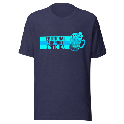 The design features a stylized mug filled with a frothy beverage, colored in vibrant shades of blue. Next to the mug, bold text reads 'EMOTIONAL SUPPORT SPOTCHKA'. The use of color and font style gives it a playful, pop-culture vibe, hinting at something fantastical or sci-fi influenced.