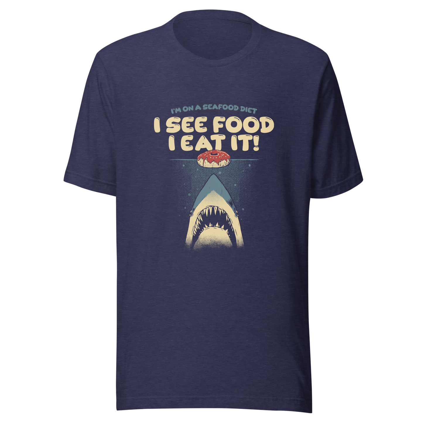A shark rising from the water toward a floating donut, paired with playful retro typography. The artwork uses visual humor and a classic joke to create a fun, eye-catching composition with strong graphic contrast. Perfect for humor lovers, food fans, and anyone who enjoys witty designs with a slightly cheeky twist.