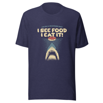 A shark rising from the water toward a floating donut, paired with playful retro typography. The artwork uses visual humor and a classic joke to create a fun, eye-catching composition with strong graphic contrast. Perfect for humor lovers, food fans, and anyone who enjoys witty designs with a slightly cheeky twist.