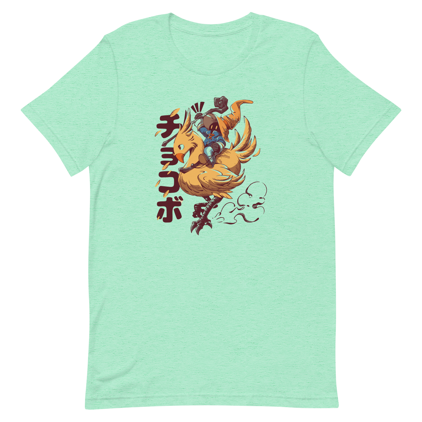 A speedy yellow bird dashes forward with a tiny mage rider gripping tight and ready for action. A fun and nostalgic design full of movement and fantasy charm.