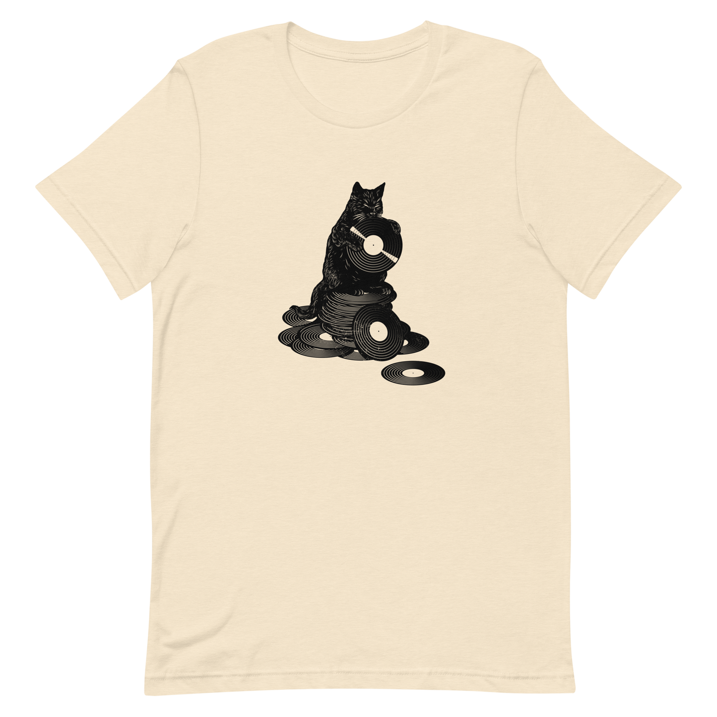 This design features a black cat cozily perched atop a stack of vinyl records, clutching one like it’s pure gold. It’s a tribute to analog lovers, feline charm, and the timeless joy of spinning a record. Perfect for music collectors, cat enthusiasts, and anyone with a nostalgic soul.