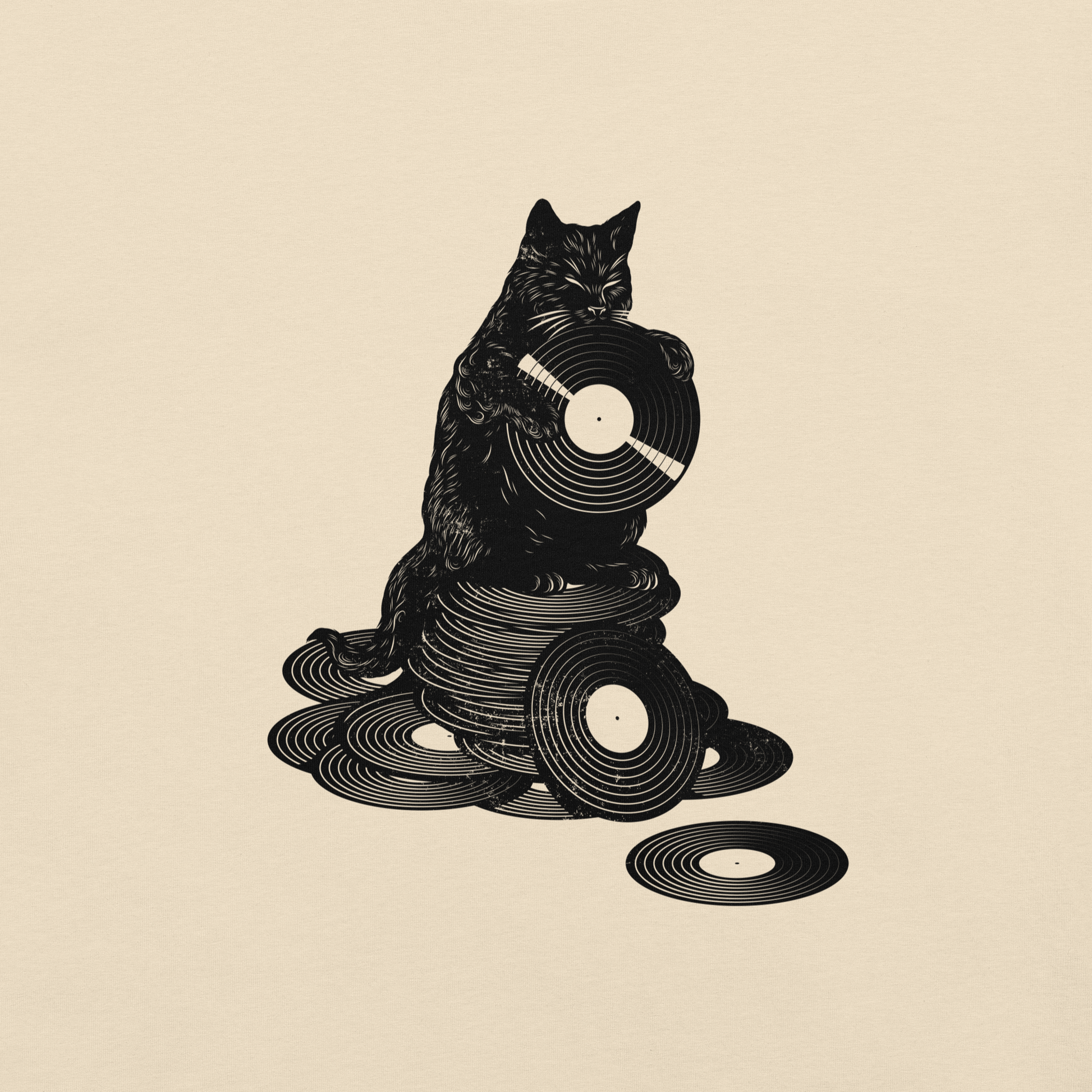This design features a black cat cozily perched atop a stack of vinyl records, clutching one like it’s pure gold. It’s a tribute to analog lovers, feline charm, and the timeless joy of spinning a record. Perfect for music collectors, cat enthusiasts, and anyone with a nostalgic soul.
