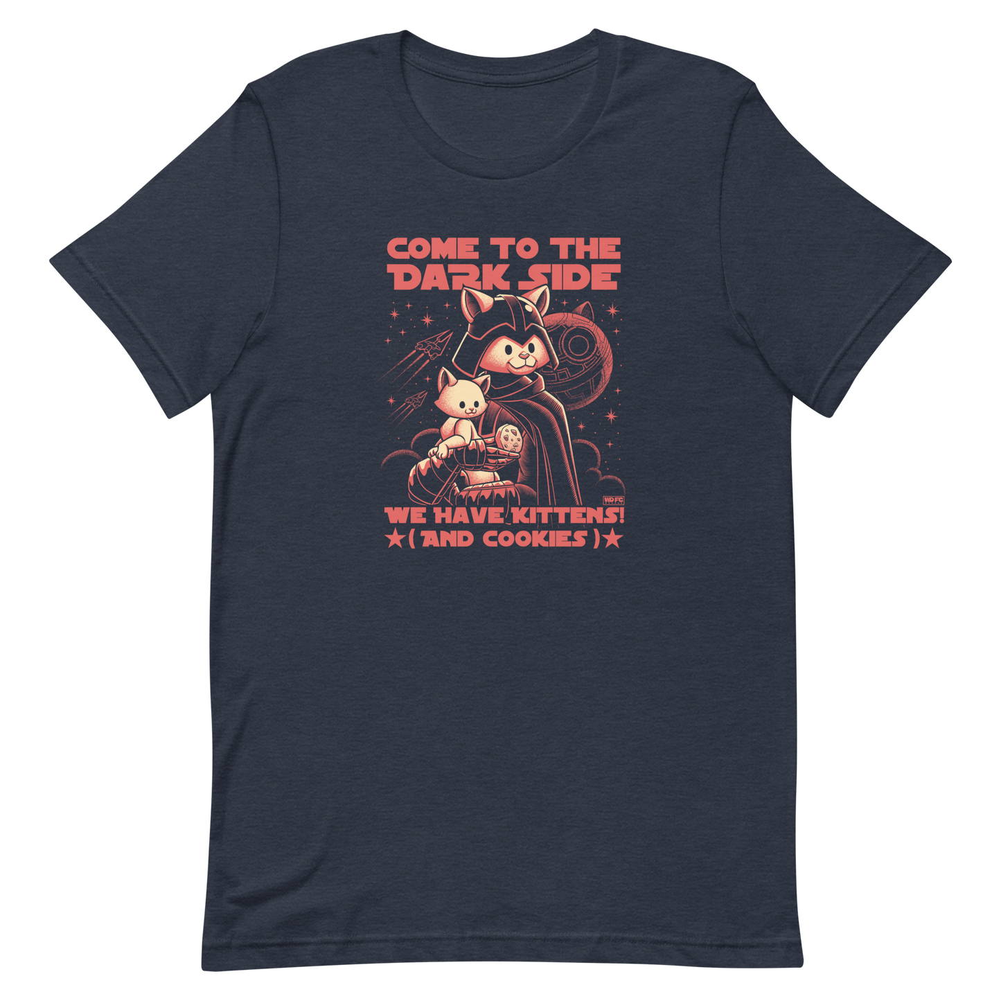This fun and nerdy design, encircled by the phrase 'COME TO THE DARK SIDE, WE  HAVE KITTENS AND COOKIES', features a feline twist on sci-fi villains, perfect for cat lovers, space fans, and cookie enthusiasts.