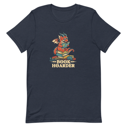Perched atop his treasure trove of books, this red nerdy dragon is ready to devour epic adventures, magic tales, and fantasy worlds. The words 'BOOK HOARDER' are placed at the bottom of the design.