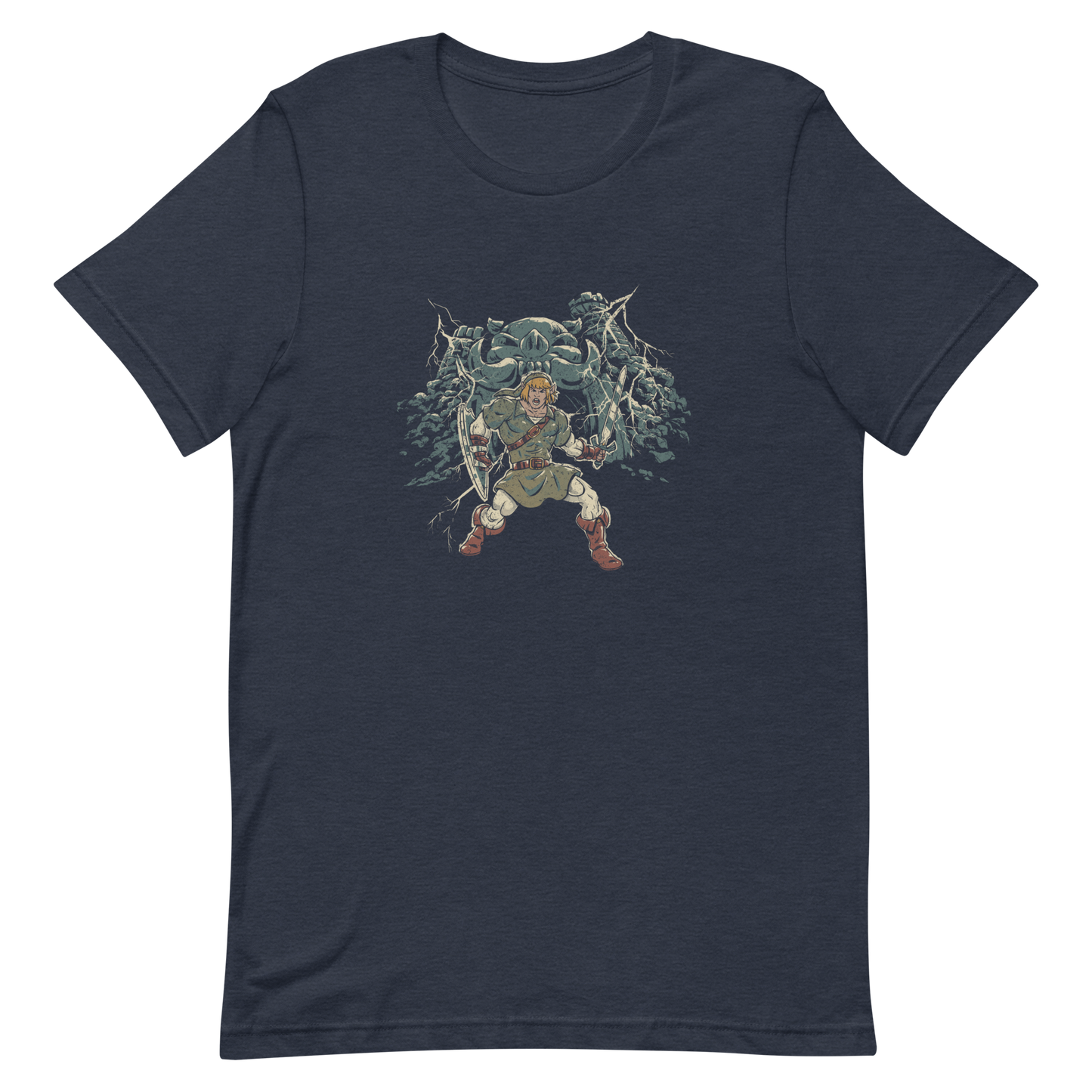 A fierce warrior stands with sword and shield, lightning cracking behind him as he screams in defiance — mixing classic fantasy aesthetics with retro game frustration.