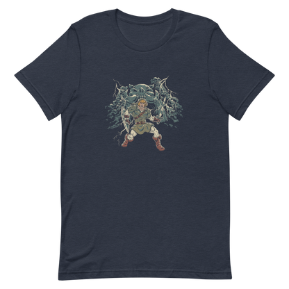 A fierce warrior stands with sword and shield, lightning cracking behind him as he screams in defiance — mixing classic fantasy aesthetics with retro game frustration.