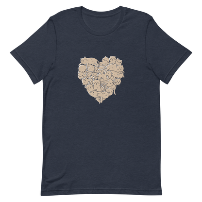 The image showcases an anatomical heart shape filled with numerous small, simple, and cute cartoon-like cat illustrations in a light brown tone. The overall style is whimsical and playful, combining elements of illustration and pop culture art.