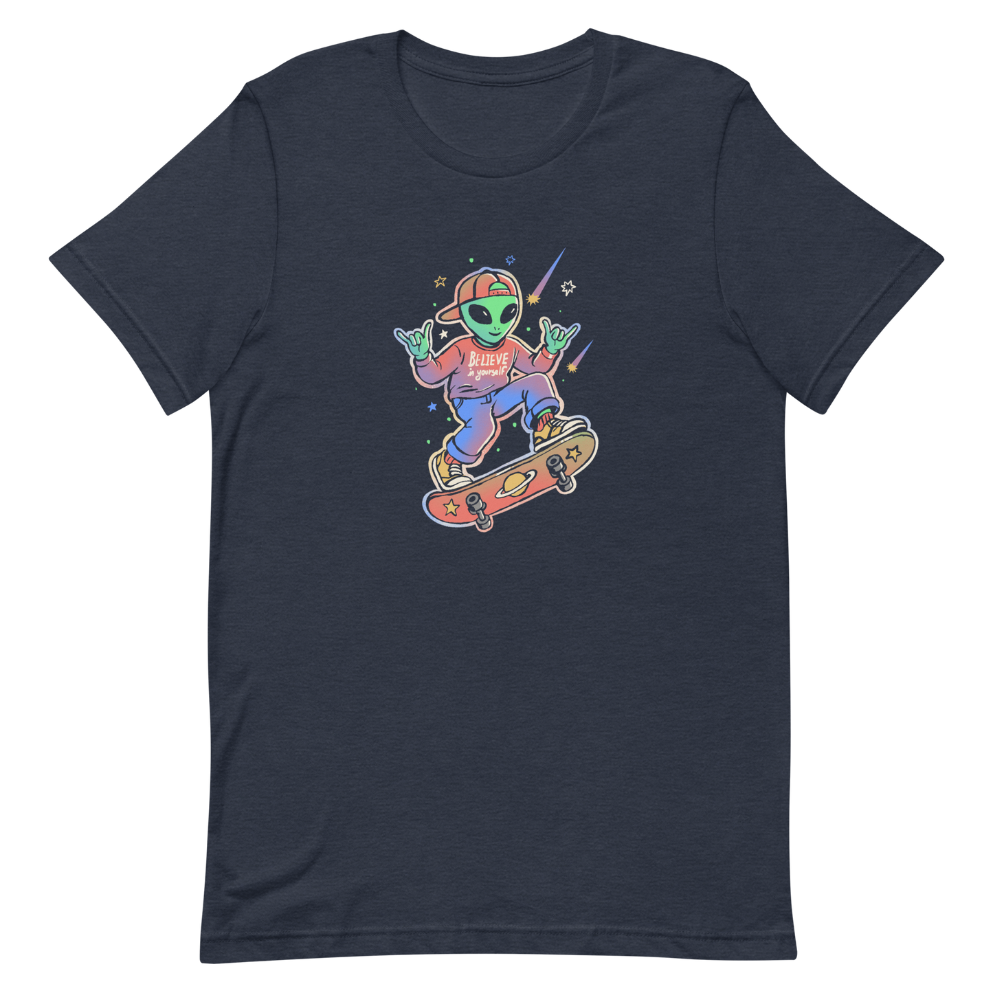 A stylish alien rides a cosmic skateboard, wearing a sweatshirt that says "Believe in Yourself". The artwork blends humor, urban culture, and a space-themed feel with vibrant colors. Ideal for alien fans, skateboard lovers, and anyone who enjoys creative prints with a positive message.