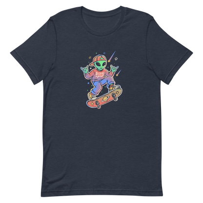 A stylish alien rides a cosmic skateboard, wearing a sweatshirt that says "Believe in Yourself". The artwork blends humor, urban culture, and a space-themed feel with vibrant colors. Ideal for alien fans, skateboard lovers, and anyone who enjoys creative prints with a positive message.