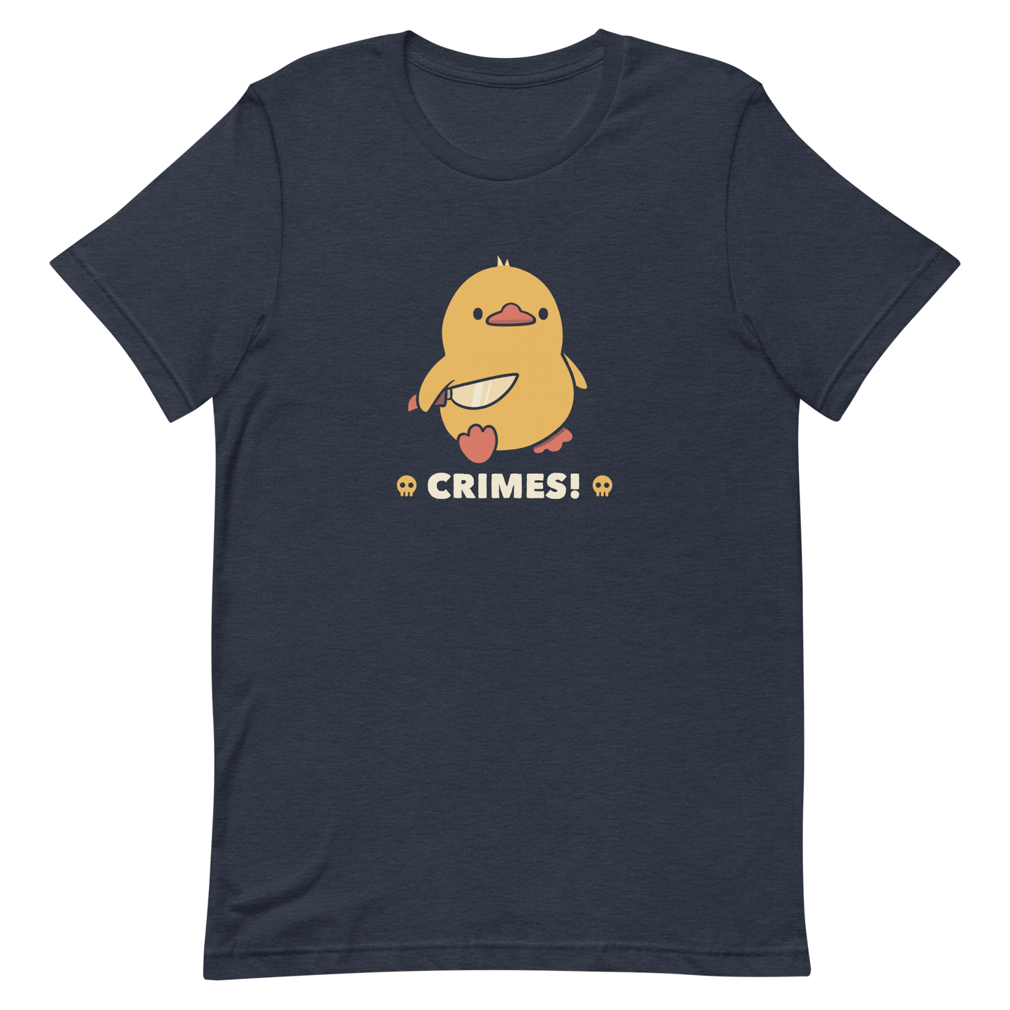 A cute yellow duck holding a small knife, with the text "Crimes" below it. This artwork blends humor with the ducks' temperament.