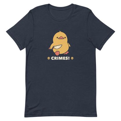 A cute yellow duck holding a small knife, with the text "Crimes" below it. This artwork blends humor with the ducks' temperament.