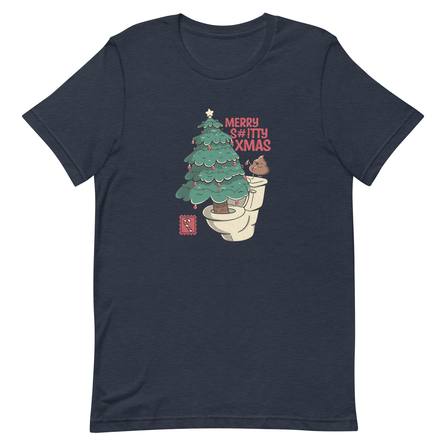 A toilet from which a Christmas tree is being decorated with Christmas decorations by a small poop, next to them the phrase "Merry Shitty Xmas". An art with a lot of humor for the Christmas mood.