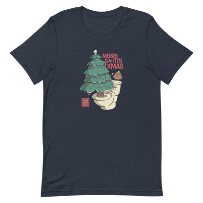 A toilet from which a Christmas tree is being decorated with Christmas decorations by a small poop, next to them the phrase "Merry Shitty Xmas". An art with a lot of humor for the Christmas mood.
