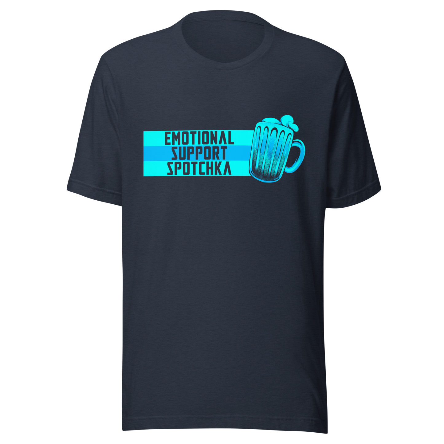 The design features a stylized mug filled with a frothy beverage, colored in vibrant shades of blue. Next to the mug, bold text reads 'EMOTIONAL SUPPORT SPOTCHKA'. The use of color and font style gives it a playful, pop-culture vibe, hinting at something fantastical or sci-fi influenced.