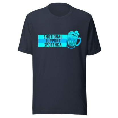 The design features a stylized mug filled with a frothy beverage, colored in vibrant shades of blue. Next to the mug, bold text reads 'EMOTIONAL SUPPORT SPOTCHKA'. The use of color and font style gives it a playful, pop-culture vibe, hinting at something fantastical or sci-fi influenced.