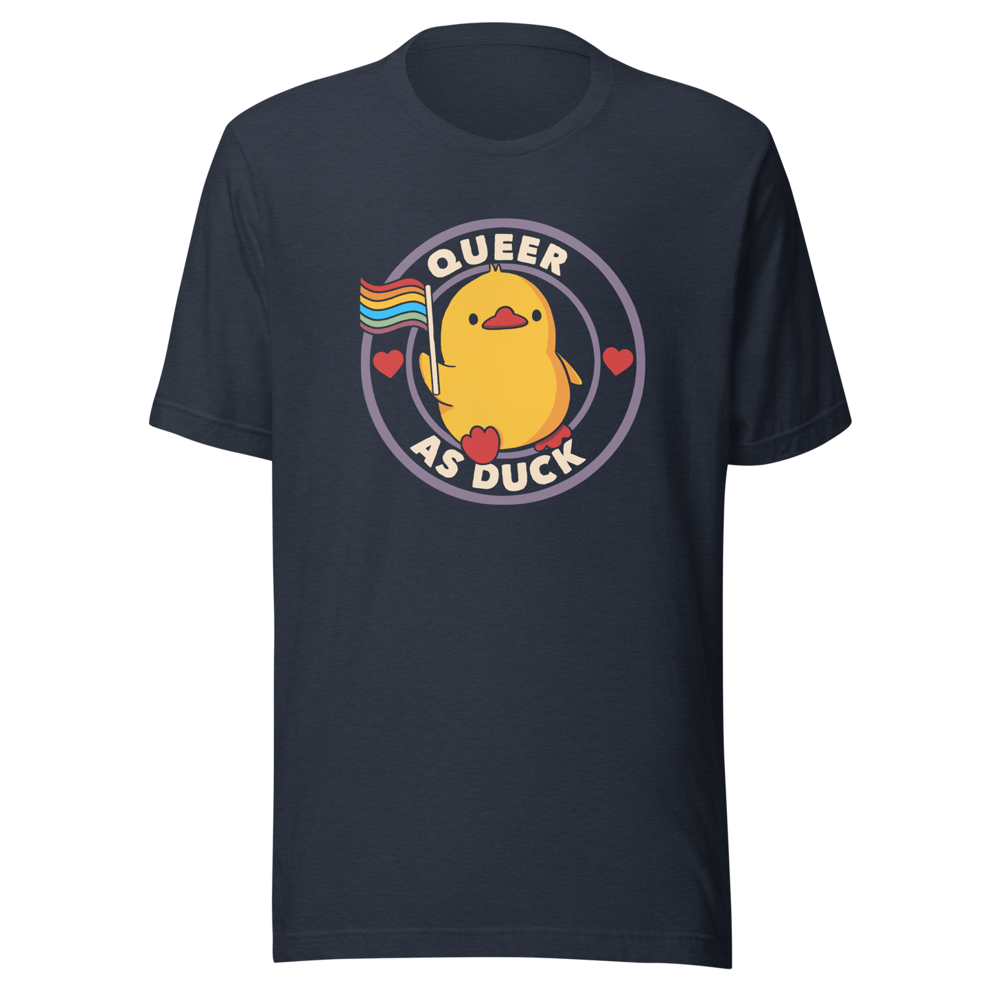 A stamp featuring an adorable duckling holding the LGBTQ flag, surrounded by the text "Queer as Duck". This charming artwork serves as a perfect way to display your support for LGBTQ rights.