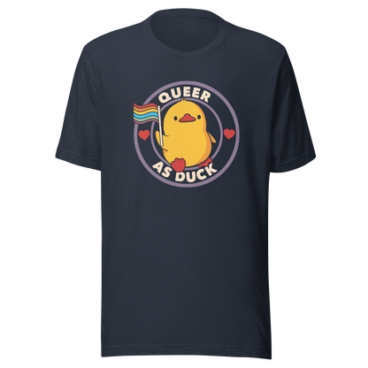 A stamp featuring an adorable duckling holding the LGBTQ flag, surrounded by the text "Queer as Duck". This charming artwork serves as a perfect way to display your support for LGBTQ rights.