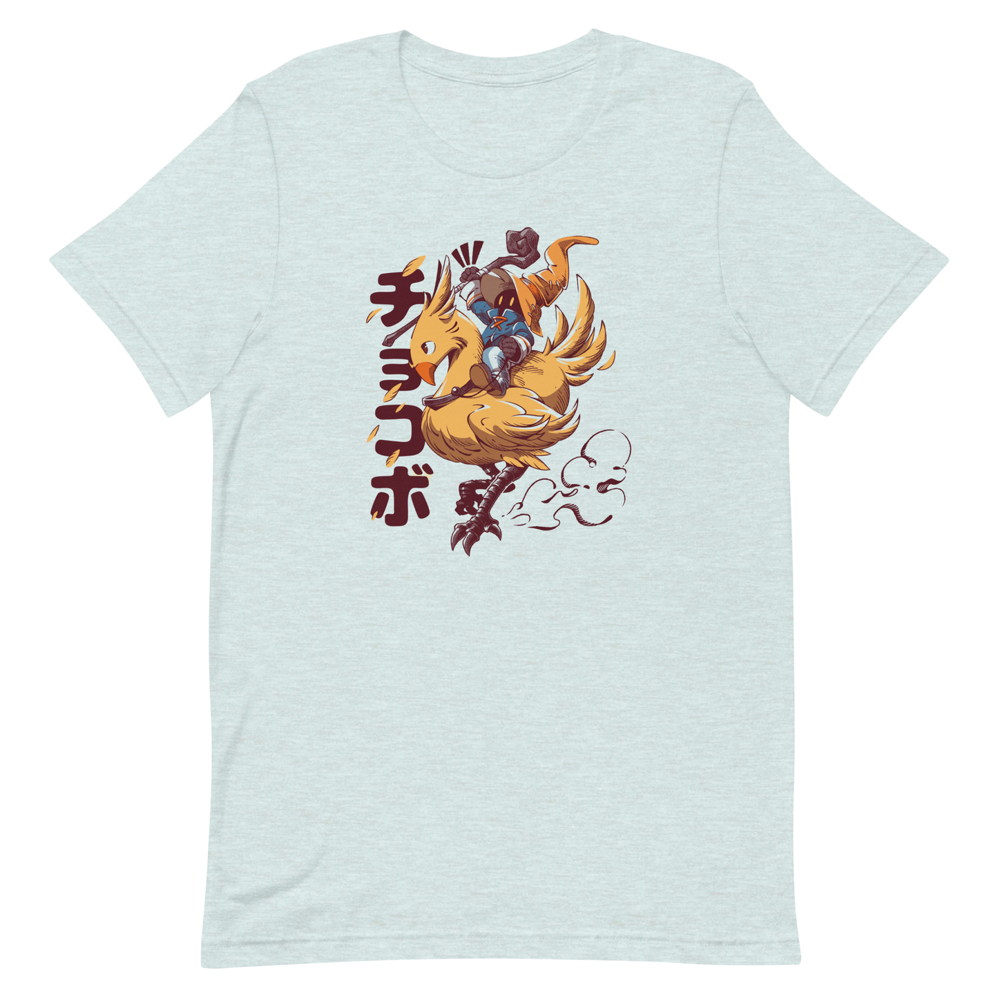 A speedy yellow bird dashes forward with a tiny mage rider gripping tight and ready for action. A fun and nostalgic design full of movement and fantasy charm.