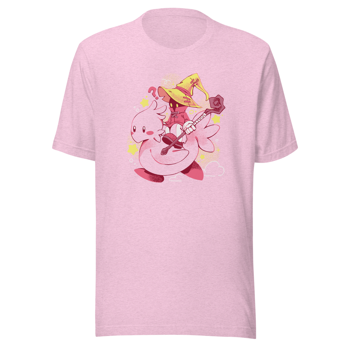 A charming fantasy illustration featuring a tiny wizard riding a soft pink bird through a magical sky. With a whimsical kawaii style, bright pastel colors, and playful fantasy elements, this design captures the joy of adventure and imagination. 
