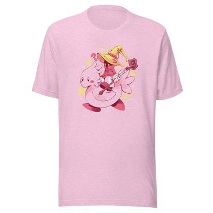 A charming fantasy illustration featuring a tiny wizard riding a soft pink bird through a magical sky. With a whimsical kawaii style, bright pastel colors, and playful fantasy elements, this design captures the joy of adventure and imagination. 