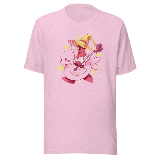 A charming fantasy illustration featuring a tiny wizard riding a soft pink bird through a magical sky. With a whimsical kawaii style, bright pastel colors, and playful fantasy elements, this design captures the joy of adventure and imagination. 