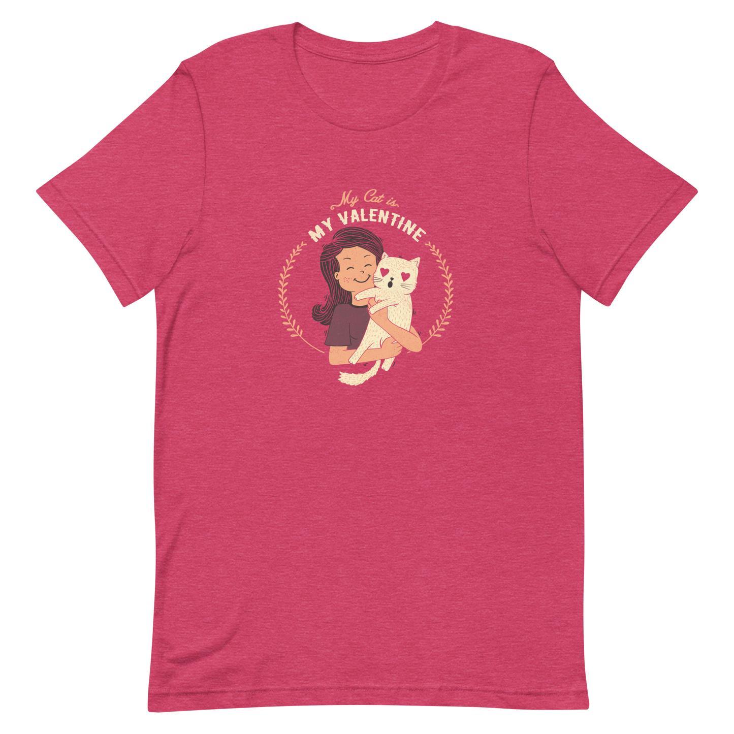 A cute illustration of a woman holding an adorable cat, paired with the phrase “My Cat Is My Valentine”. A sweet and relatable Valentine’s Day design for cat lovers.