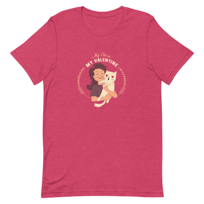 A cute illustration of a woman holding an adorable cat, paired with the phrase “My Cat Is My Valentine”. A sweet and relatable Valentine’s Day design for cat lovers.