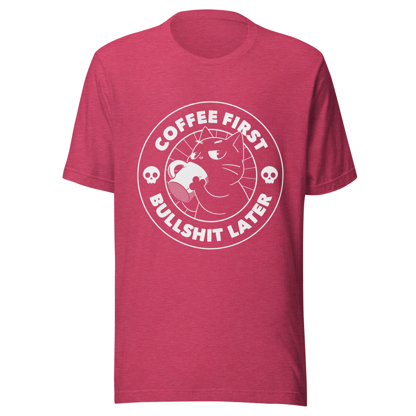 A black cat enjoys a hot cup of coffee, surrounded by the phrase “Coffee First Bullshit Later” adorned with skulls. This design combines dark humor with a touch of humor, perfect for those who face the day with equal doses of coffee and sarcasm. Made for lovers of felines, sarcasm and that extra dose of morning caffeine.