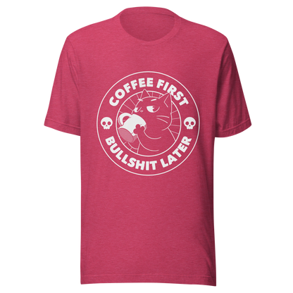 A black cat enjoys a hot cup of coffee, surrounded by the phrase “Coffee First Bullshit Later” adorned with skulls. This design combines dark humor with a touch of humor, perfect for those who face the day with equal doses of coffee and sarcasm. Made for lovers of felines, sarcasm and that extra dose of morning caffeine.
