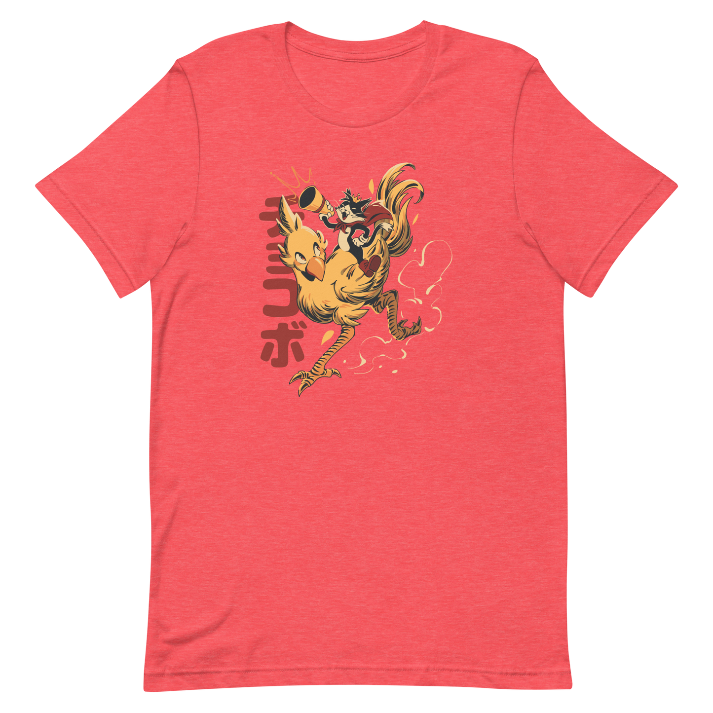 A stylized cartoon illustration of a confident cat wearing a cape and crown while riding a large yellow bird at full speed, with dynamic motion lines and Japanese writing in the background.