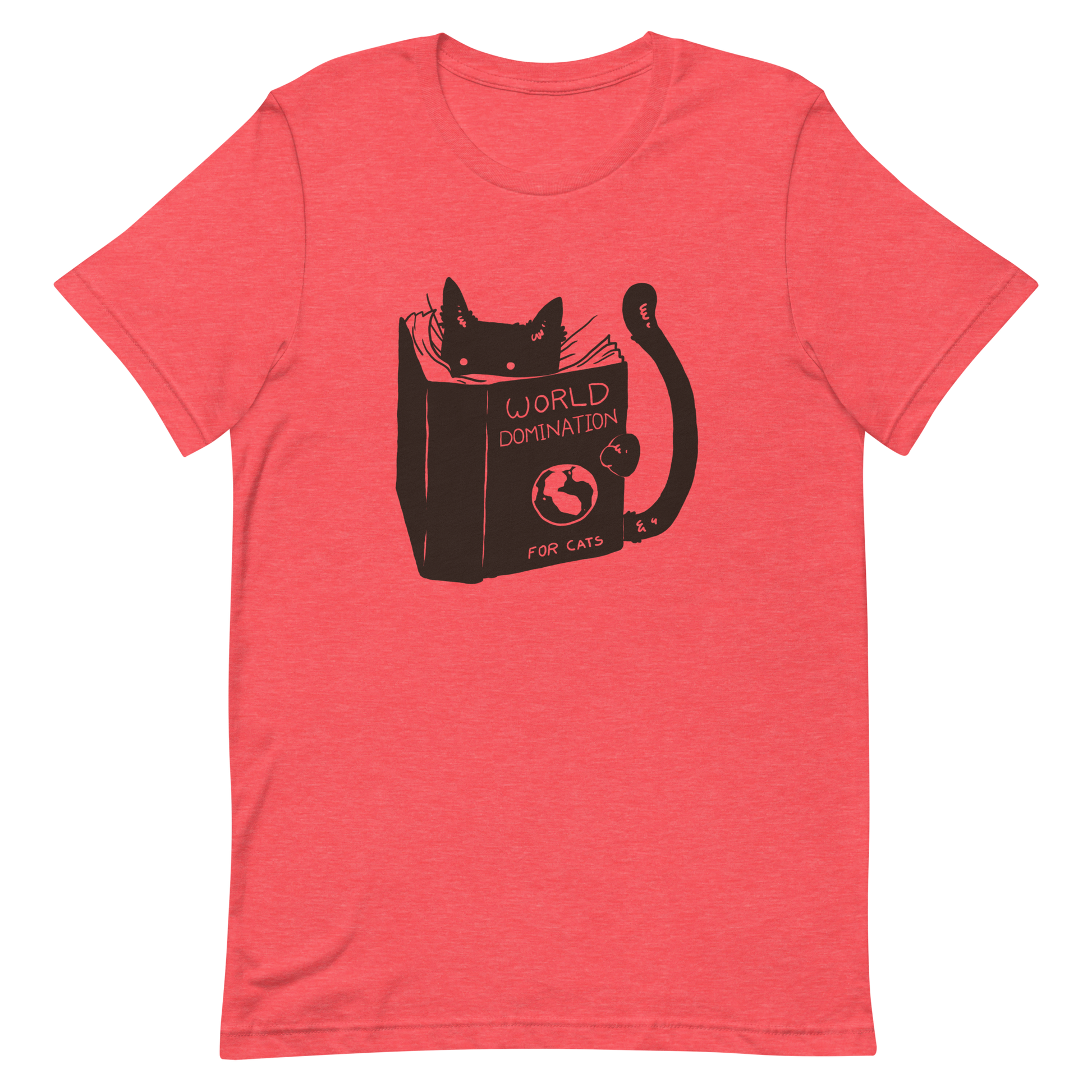 The design features a black silhouette of a cat peeking from behind an oversized book. The book's cover reads 'World Domination for Cats,' and includes a simple drawing of a globe. The cat's eyes are wide open, suggesting either surprise or intense focus on its 'world domination' plans.